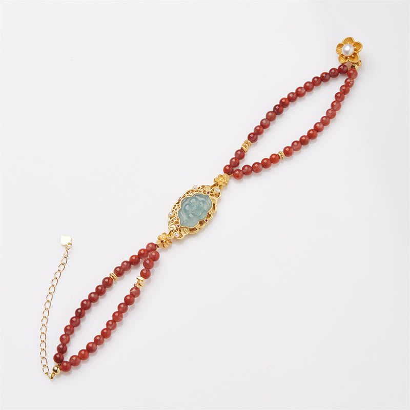Buddha Stones 925 Sterling Silver Plated Gold Natural Red Agate Lotus Jade Calm Double Layer Bracelet - image 1