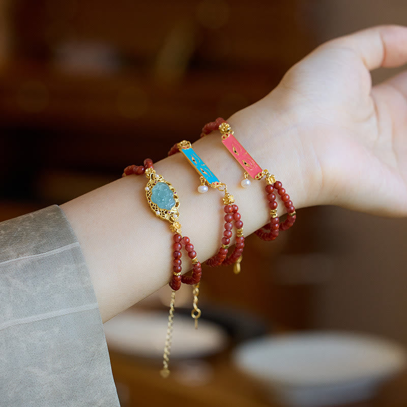 Buddha Stones 925 Sterling Silver Plated Gold Natural Red Agate Lotus Jade Calm Double Layer Bracelet - image 4