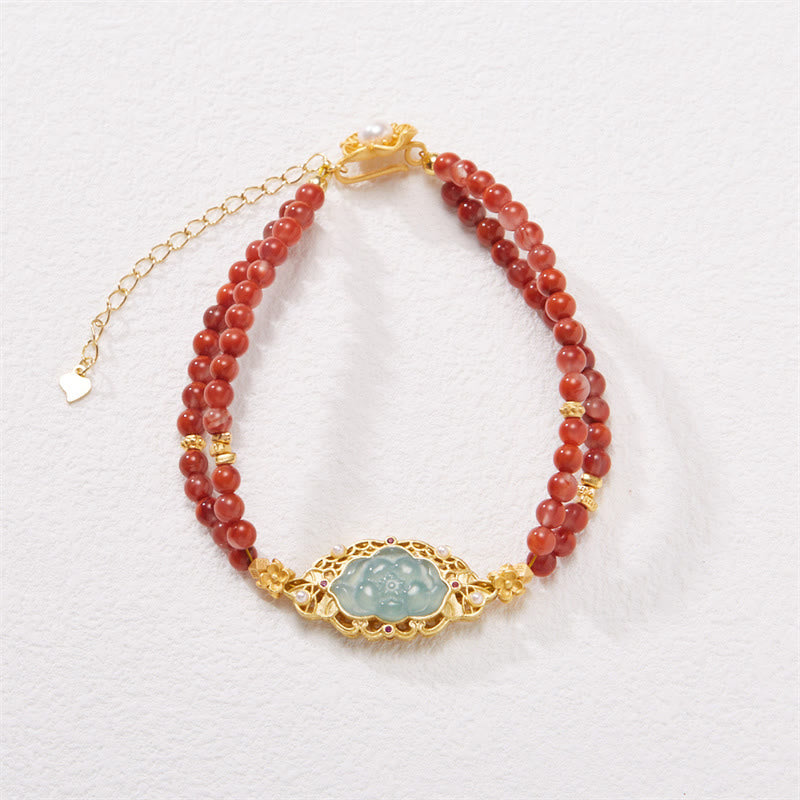 Buddha Stones 925 Sterling Silver Plated Gold Natural Red Agate Lotus Jade Calm Double Layer Bracelet - Red Agate 14-18cm - image 0