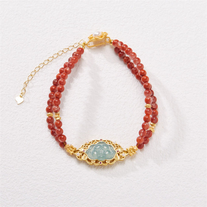 Buddha Stones 925 Sterling Silver Plated Gold Natural Red Agate Lotus Jade Calm Double Layer Bracelet - Red Agate 14-18cm - image 0