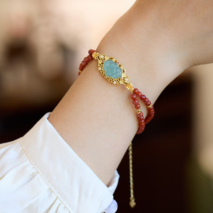 Buddha Stones 925 Sterling Silver Plated Gold Natural Red Agate Lotus Jade Calm Double Layer Bracelet - image 2