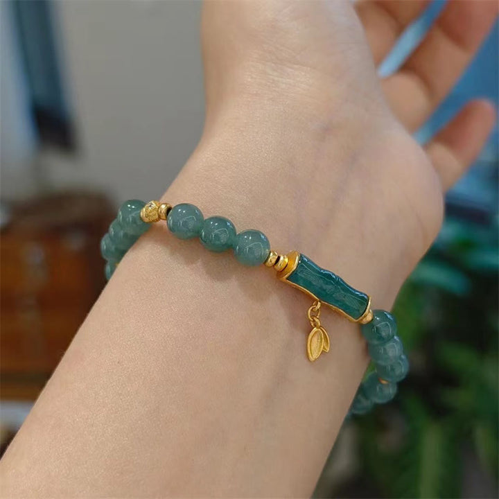 Buddha Stones 925 Sterling Silver Plated Gold Natural Green Jade Bamboo Charm Luck Bracelet - image 3