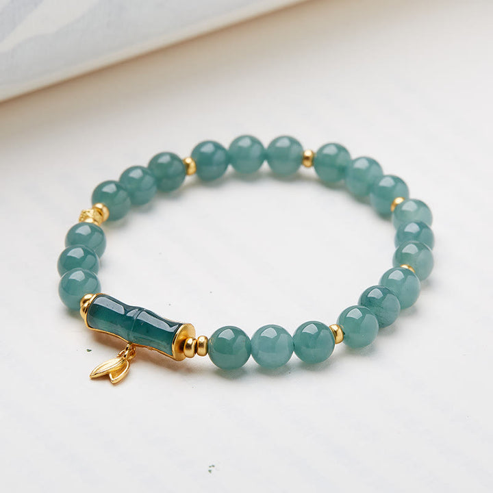 Buddha Stones 925 Sterling Silver Plated Gold Natural Green Jade Bamboo Charm Luck Bracelet - image 1