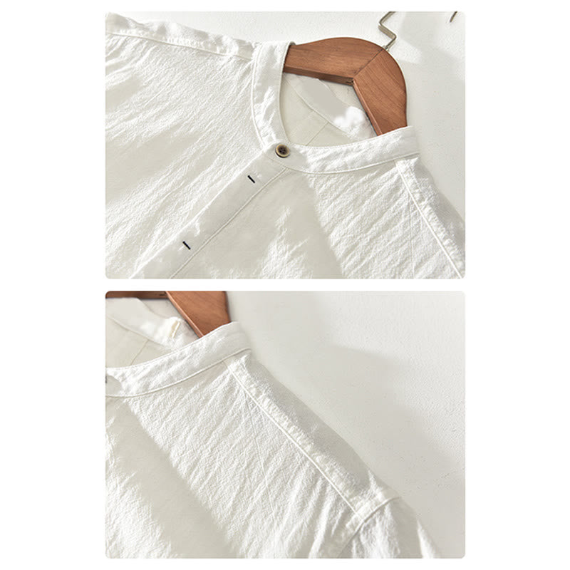 Buddha Stones Solid Color Short Sleeve Half Button Shirt Cotton Linen Men Clothing - image 9