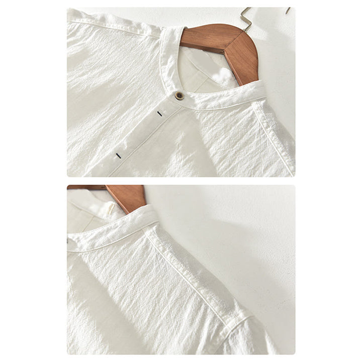 Buddha Stones Solid Color Short Sleeve Half Button Shirt Cotton Linen Men Clothing - image 9