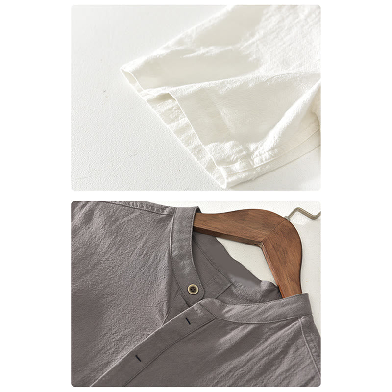 Buddha Stones Solid Color Short Sleeve Half Button Shirt Cotton Linen Men Clothing - image 14