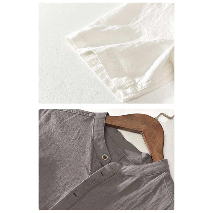 Buddha Stones Solid Color Short Sleeve Half Button Shirt Cotton Linen Men Clothing - image 14
