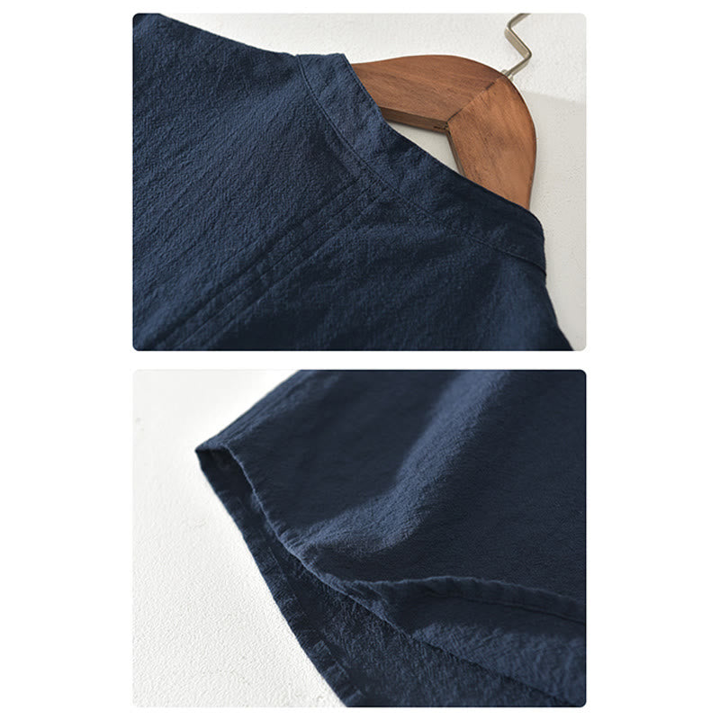 Buddha Stones Solid Color Short Sleeve Half Button Shirt Cotton Men Clothing - image 5