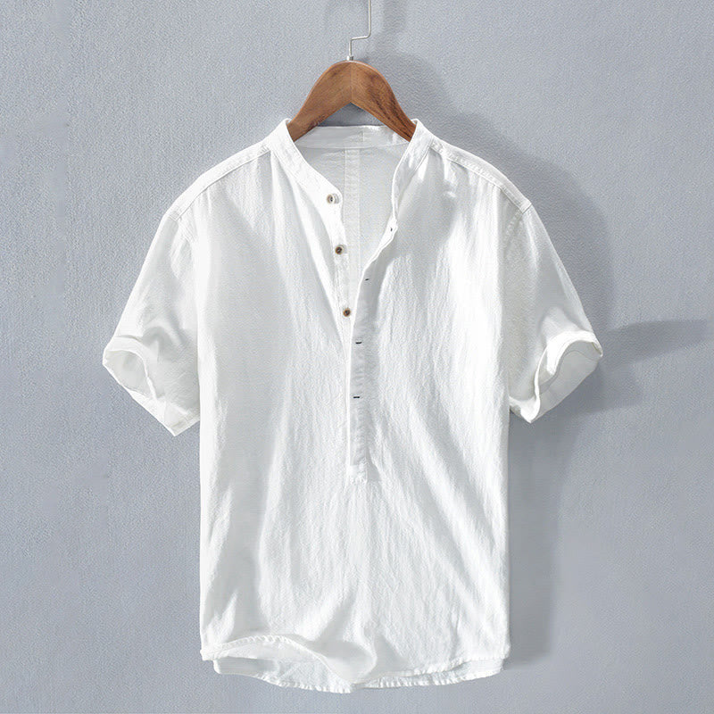 Buddha Stones Solid Color Short Sleeve Half Button Shirt Cotton Linen Men Clothing - White - US/UK/AU42，EU52 (3XL)  - image 8