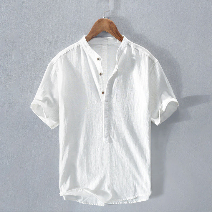 Buddha Stones Solid Color Short Sleeve Half Button Shirt Cotton Linen Men Clothing - White - US/UK/AU42，EU52 (3XL)  - image 8