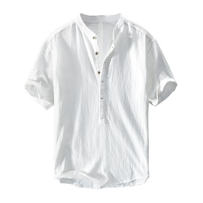 Buddha Stones Solid Color Short Sleeve Half Button Shirt Cotton Linen Men Clothing - image 10