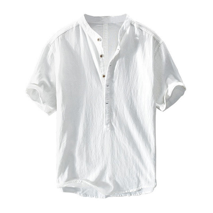 Buddha Stones Solid Color Short Sleeve Half Button Shirt Cotton Linen Men Clothing - image 10