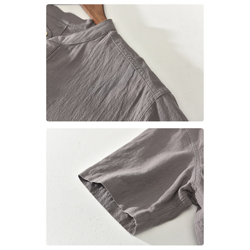Buddha Stones Solid Color Short Sleeve Half Button Shirt Cotton Linen Men Clothing - image 13