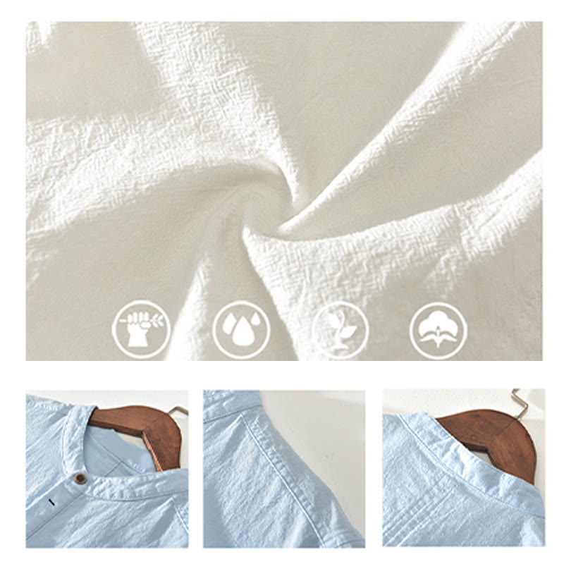 Buddha Stones Solid Color Short Sleeve Half Button Shirt Cotton Linen Men Clothing - image 15