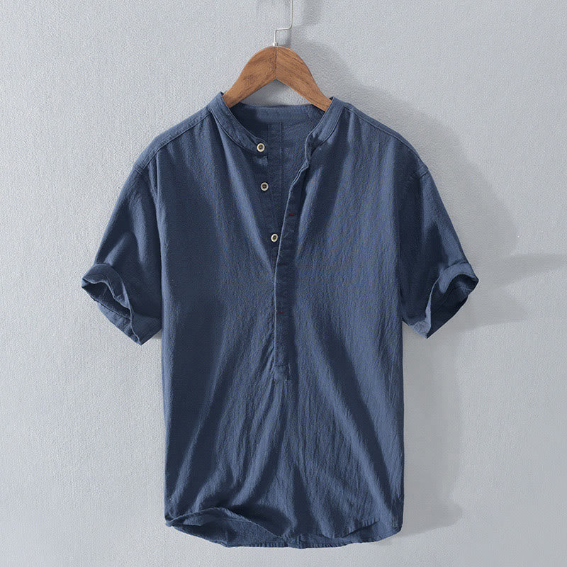 Buddha Stones Solid Color Short Sleeve Half Button Shirt Cotton Linen Men Clothing - SteelBlue - US/UK/AU42，EU52 (3XL)  - image 0