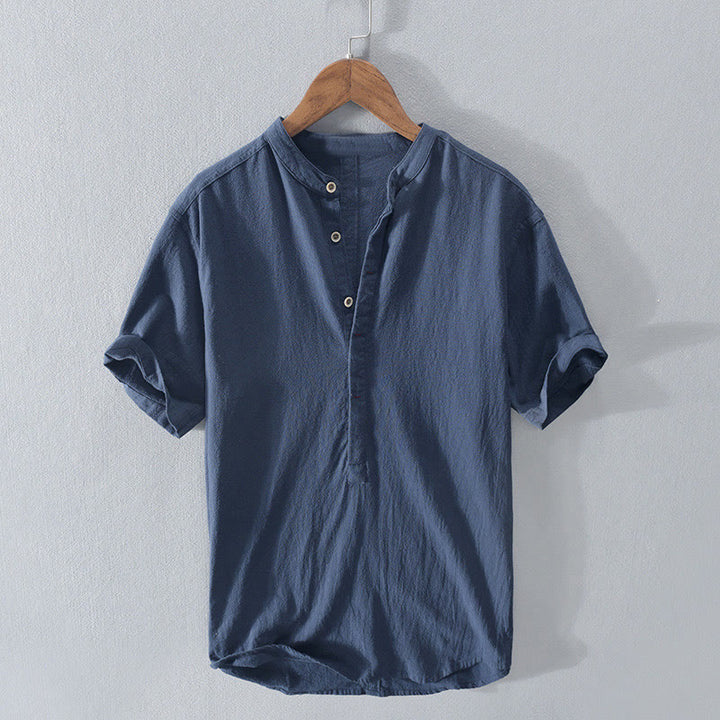 Buddha Stones Solid Color Short Sleeve Half Button Shirt Cotton Linen Men Clothing - SteelBlue - US/UK/AU42，EU52 (3XL)  - image 0