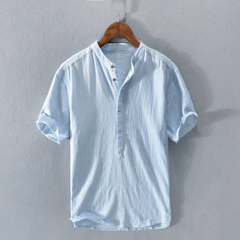 Buddha Stones Solid Color Short Sleeve Half Button Shirt Cotton Linen Men Clothing - LightSkyBlue - US/UK/AU42，EU52 (3XL)  - image 11