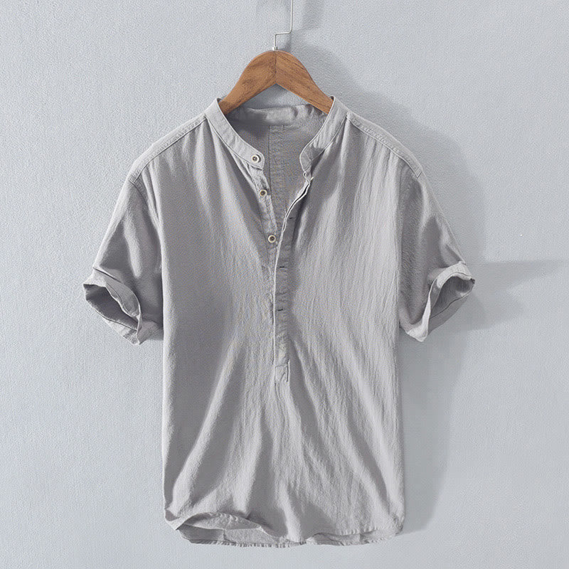 Buddha Stones Solid Color Short Sleeve Half Button Shirt Cotton Linen Men Clothing - LightGrey - US/UK/AU42，EU52 (3XL)  - image 12