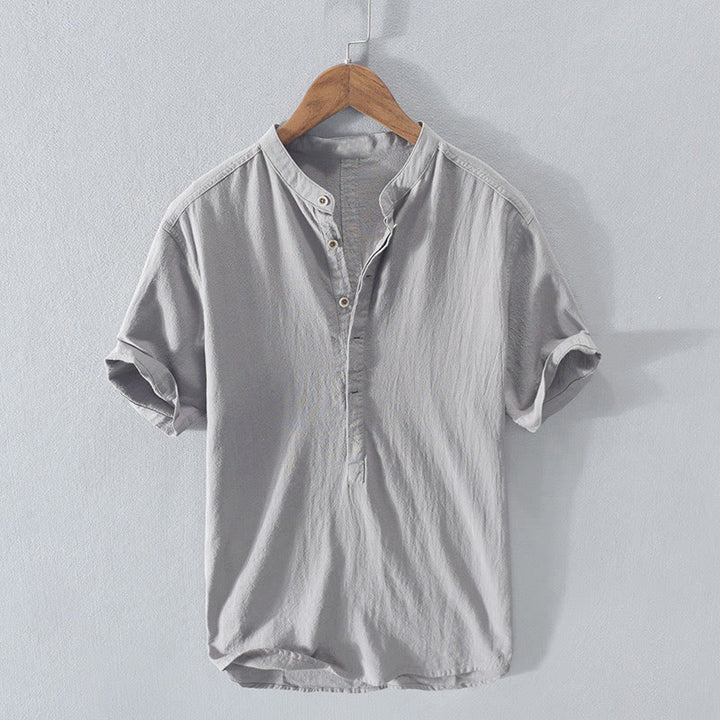 Buddha Stones Solid Color Short Sleeve Half Button Shirt Cotton Linen Men Clothing - LightGrey - US/UK/AU42，EU52 (3XL)  - image 12