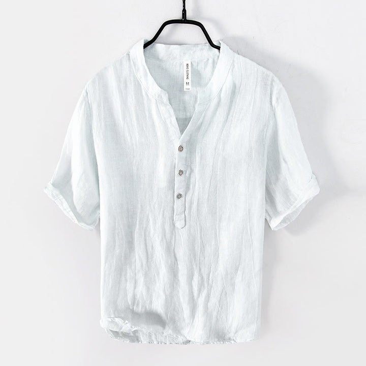 Buddha Stones Solid Color Short Sleeve Half Button Shirt Cotton Linen Men Clothing - Short Sleeve - White - US/UK/AU50，EU60 (5XL) - image 12