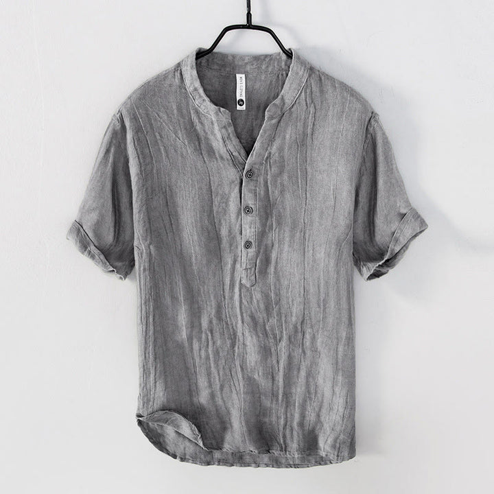Buddha Stones Solid Color Short Sleeve Half Button Shirt Cotton Linen Men Clothing - Short Sleeve - Gray - US/UK/AU50，EU60 (5XL) - image 0