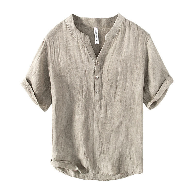 Buddha Stones Solid Color Short Sleeve Half Button Shirt Cotton Linen Men Clothing - image 19