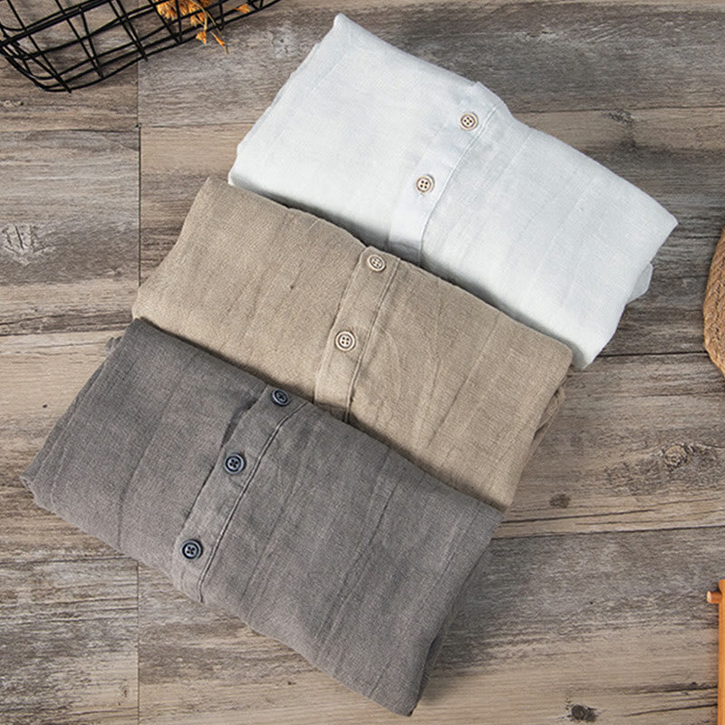 Buddha Stones Solid Color Short Sleeve Half Button Shirt Cotton Linen Men Clothing - image 1