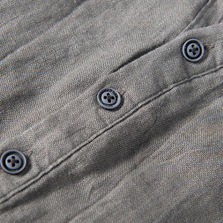 Buddha Stones Solid Color Short Sleeve Half Button Shirt Cotton Linen Men Clothing - image 6