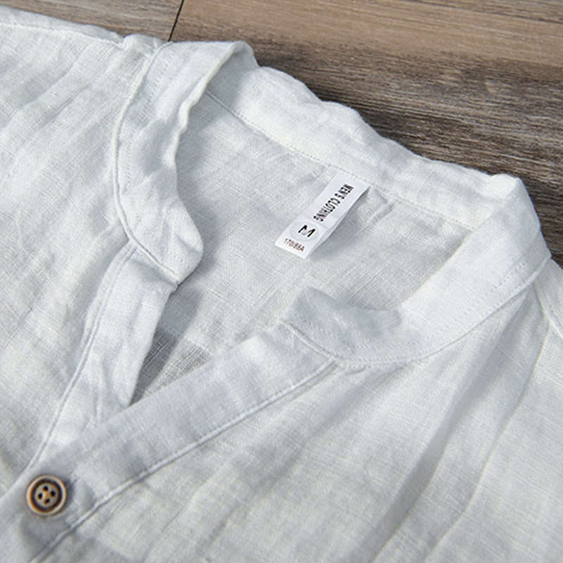 Buddha Stones Solid Color Short Sleeve Half Button Shirt Cotton Linen Men Clothing - image 13