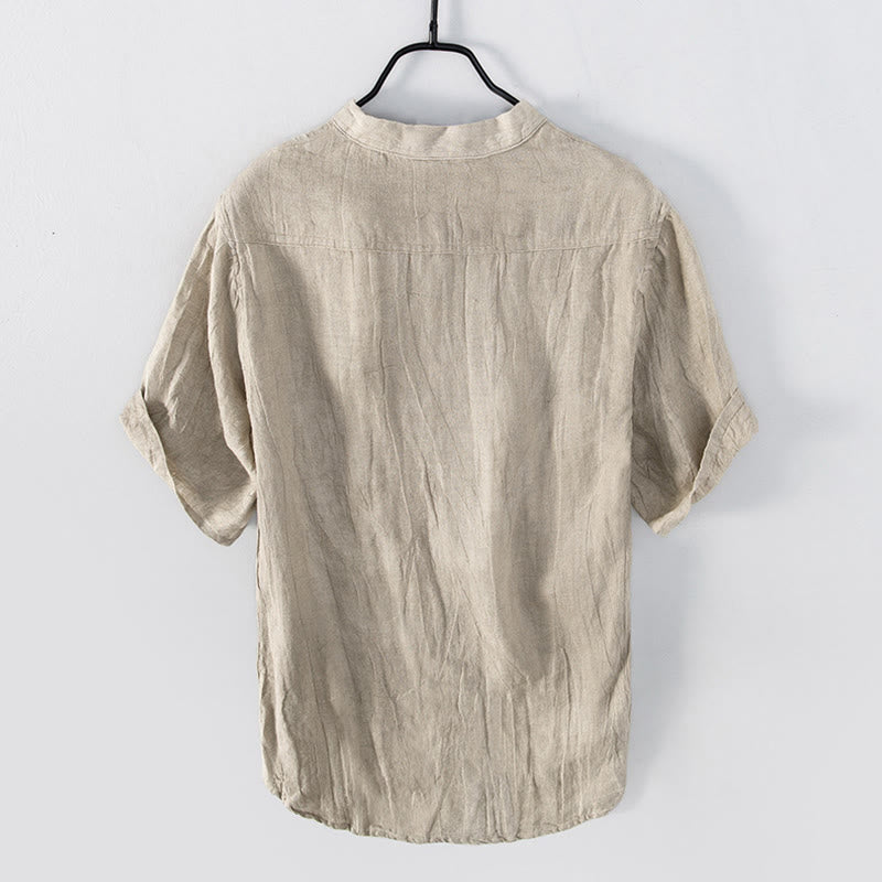 Buddha Stones Solid Color Short Sleeve Half Button Shirt Cotton Linen Men Clothing - image 18