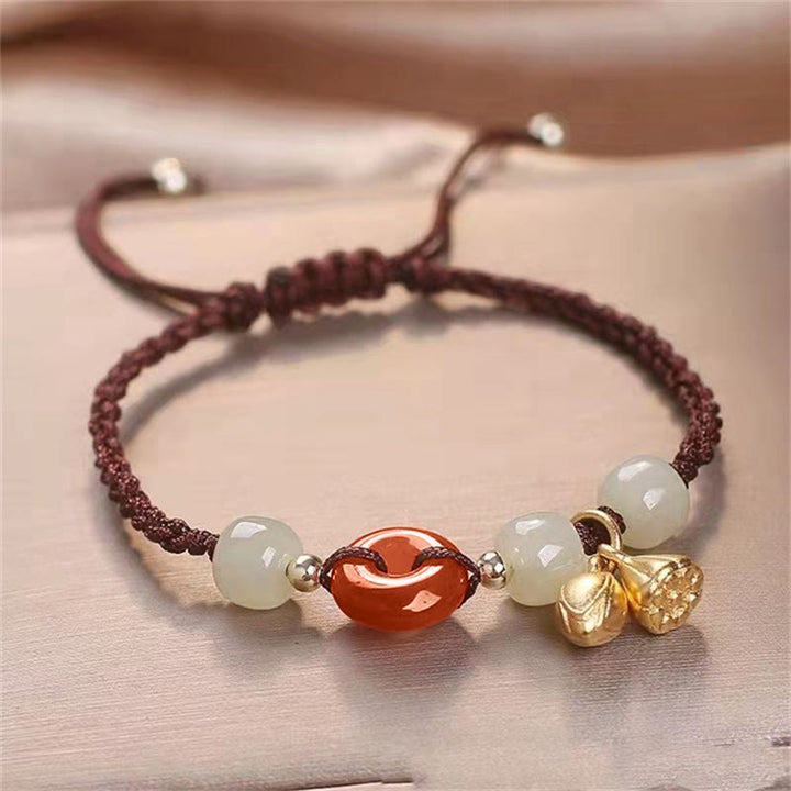 Buddha Stones Red Agate Peace Buckle Jade Lotus Healing Braided Bracelet - Brown(Wrist Circumference 14-18cm) - image 3