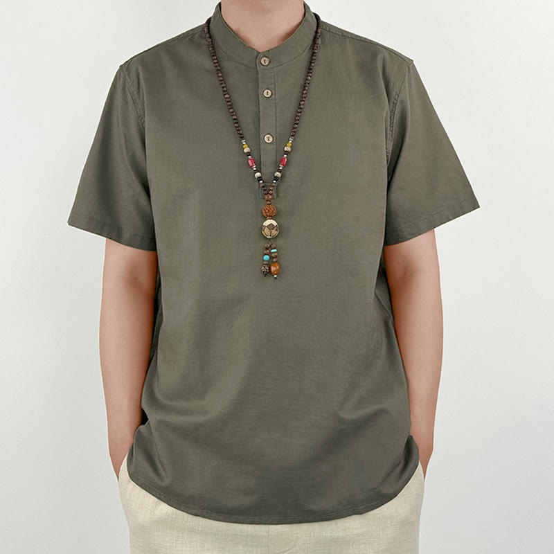 Buddha Stones Solid Color Men Short Sleeve Button Linen Shirt - DarkKhaki - US/UK/AU44，EU54 (4XL) - image 0