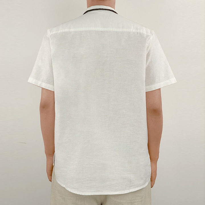 Buddha Stones Solid Color Men Short Sleeve Button Linen Shirt - image 17