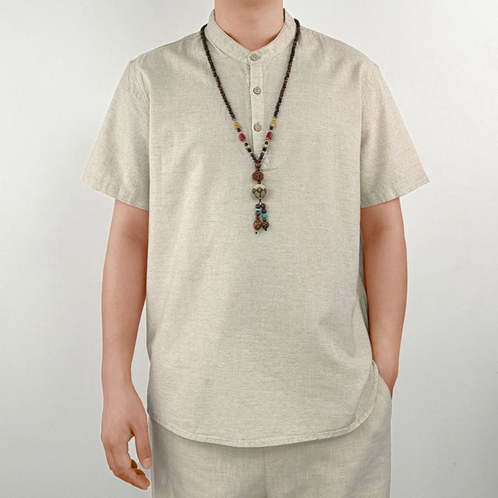 Buddha Stones Solid Color Men Short Sleeve Button Linen Shirt - image 10