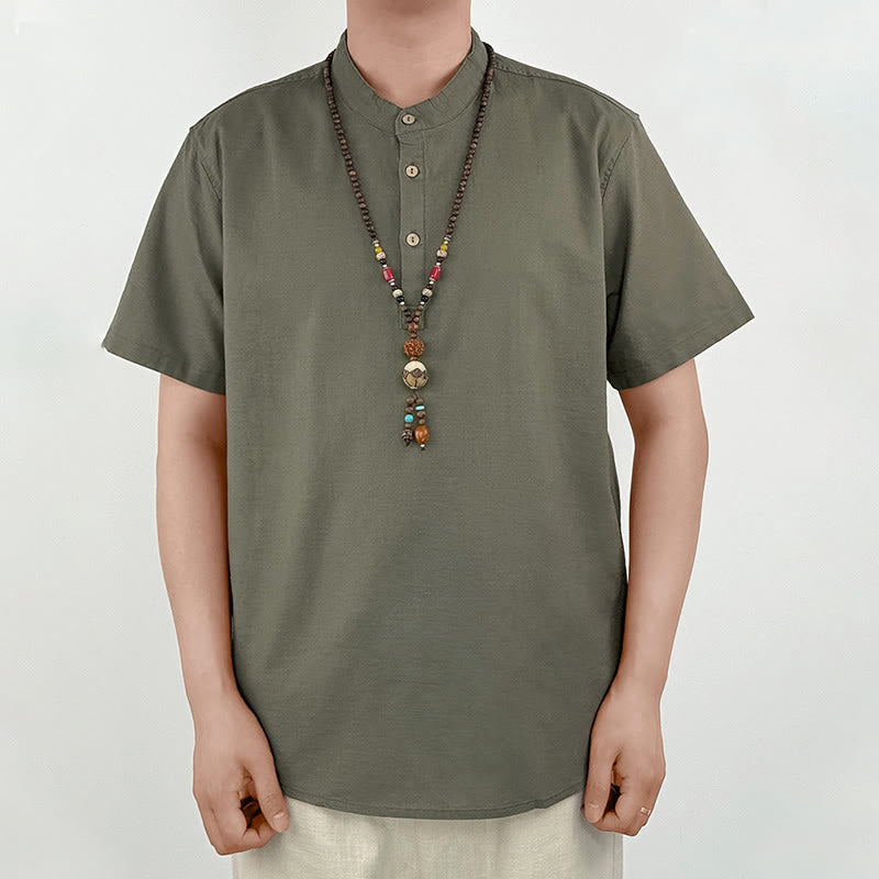 Buddha Stones Solid Color Men Short Sleeve Button Linen Shirt - image 2
