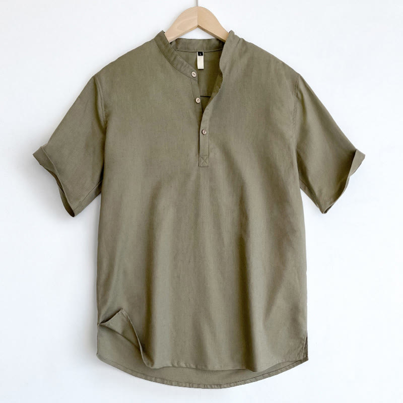 Buddha Stones Solid Color Men Short Sleeve Button Linen Shirt - image 4