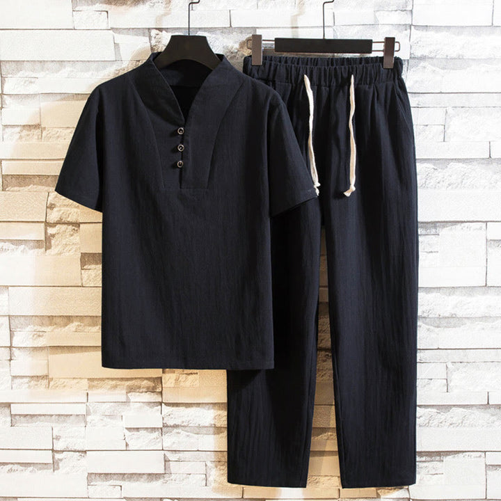Buddha Stones 2Pcs Solid Color Cotton Button Short Sleeve T-shirt Pants Men's Set - Black - US/UK/AU46，EU56 (5XL) - image 13