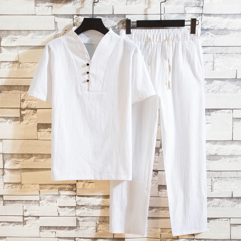 Buddha Stones 2Pcs Solid Color Cotton Button Short Sleeve T-shirt Pants Men's Set - White - US/UK/AU46，EU56 (5XL) - image 0