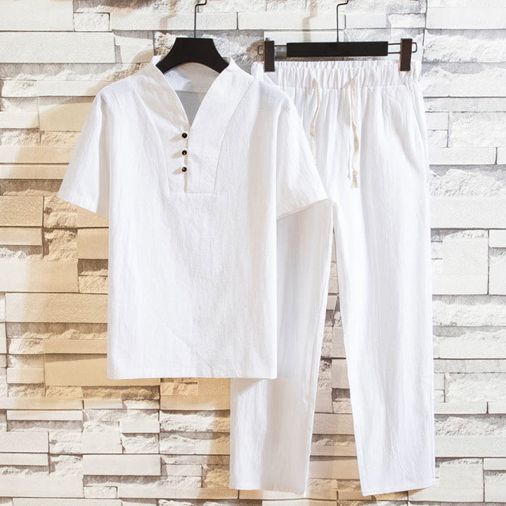Buddha Stones 2Pcs Solid Color Cotton Button Short Sleeve T-shirt Pants Men's Set - White - US/UK/AU44，EU54 (5XL) - image 0