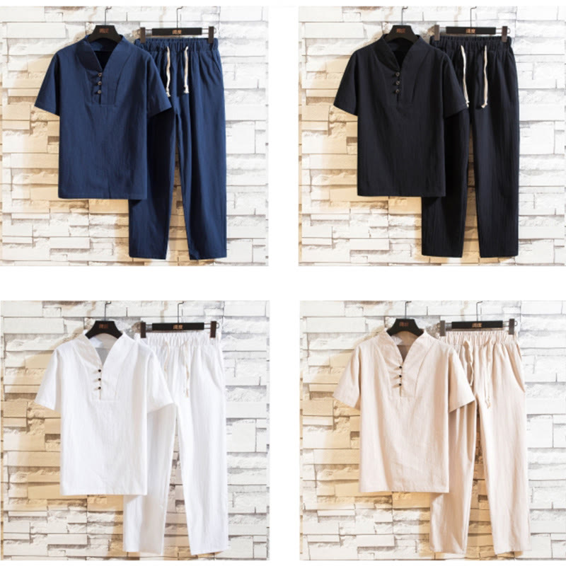 Buddha Stones 2Pcs Solid Color Cotton Button Short Sleeve T-shirt Pants Men's Set - image 16