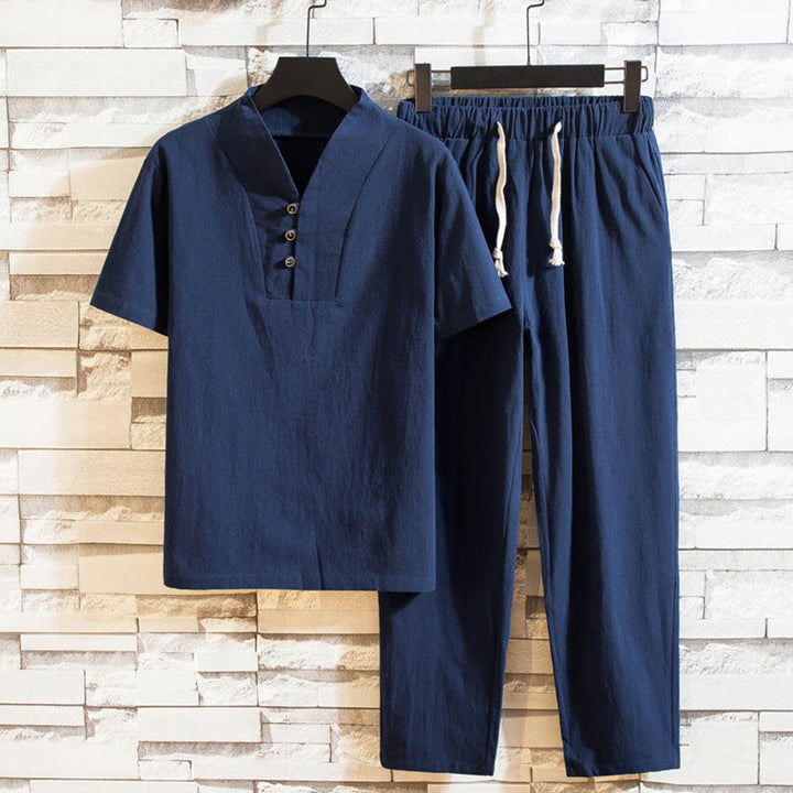 Buddha Stones 2Pcs Solid Color Cotton Button Short Sleeve T-shirt Pants Men's Set - SteelBlue - US/UK/AU46，EU56 (5XL) - image 15