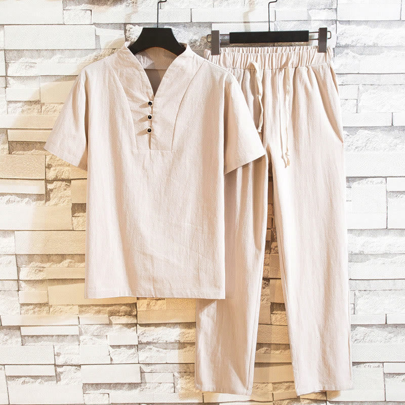 Buddha Stones 2Pcs Solid Color Cotton Button Short Sleeve T-shirt Pants Men's Set - AntiqueWhite - US/UK/AU46，EU56 (5XL) - image 14