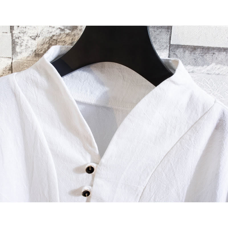 Buddha Stones 2Pcs Solid Color Cotton Button Short Sleeve T-shirt Pants Men's Set - image 7