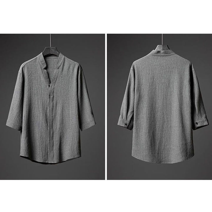 Buddha Stones 2Pcs Solid Color Texture Button Half Sleeve Shirt Pants Men's Set - image 1