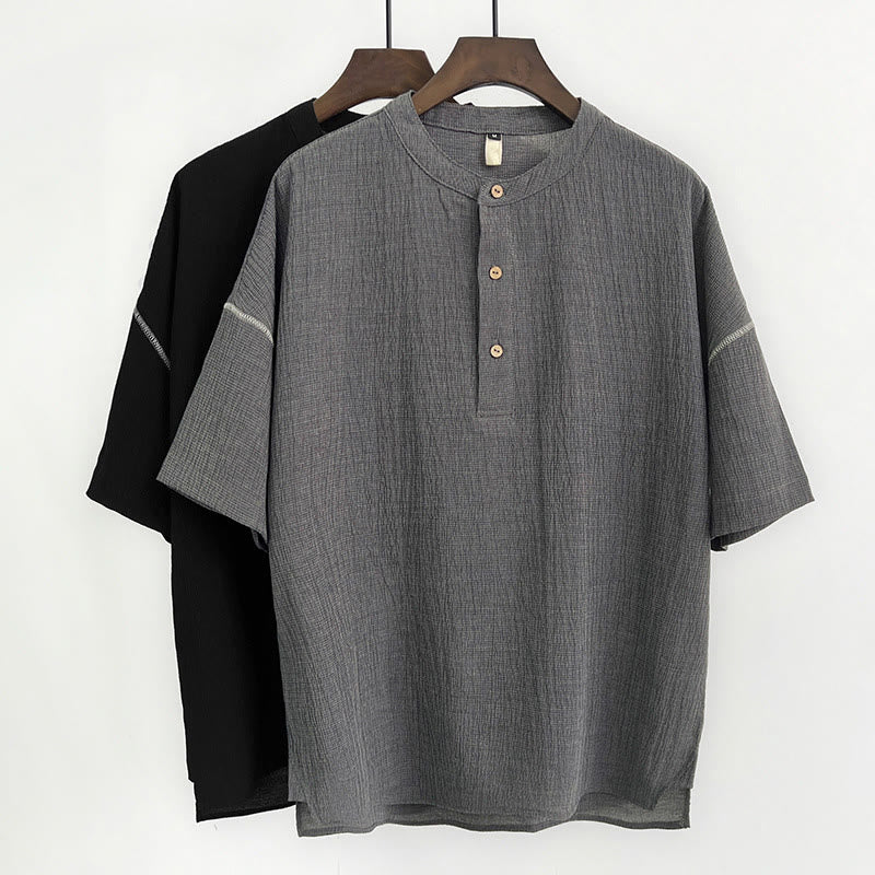 Buddha Stones Summer Solid Color Men Short Sleeve Button Shirt - image 0