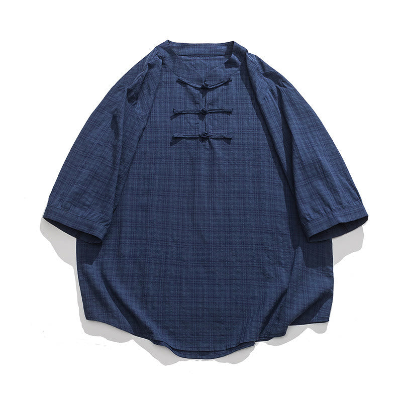 Buddha Stones Frog-Button Plaid Pattern Chinese Tang Suit Half Sleeve Shirt Cotton Linen Men Clothing - image 9