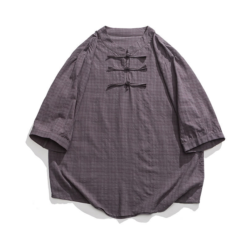 Buddha Stones Frog-Button Plaid Pattern Chinese Tang Suit Half Sleeve Shirt Cotton Linen Men Clothing - image 21