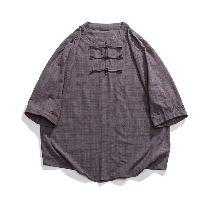 Buddha Stones Frog-Button Plaid Pattern Chinese Tang Suit Half Sleeve Shirt Cotton Linen Men Clothing - image 21
