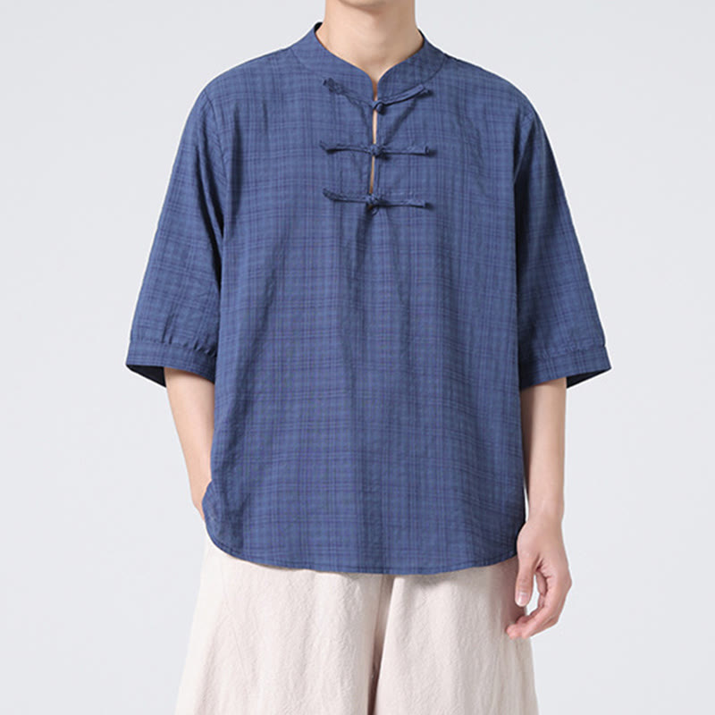 Buddha Stones Frog-Button Plaid Pattern Chinese Tang Suit Half Sleeve Shirt Cotton Linen Men Clothing - image 6