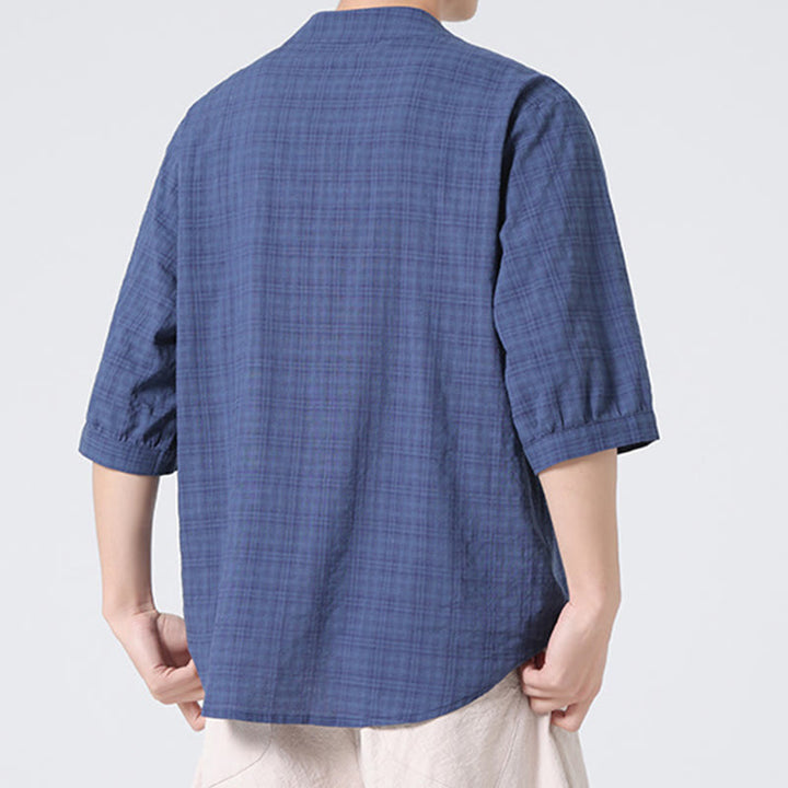 Buddha Stones Frog-Button Plaid Pattern Chinese Tang Suit Half Sleeve Shirt Cotton Linen Men Clothing - image 2